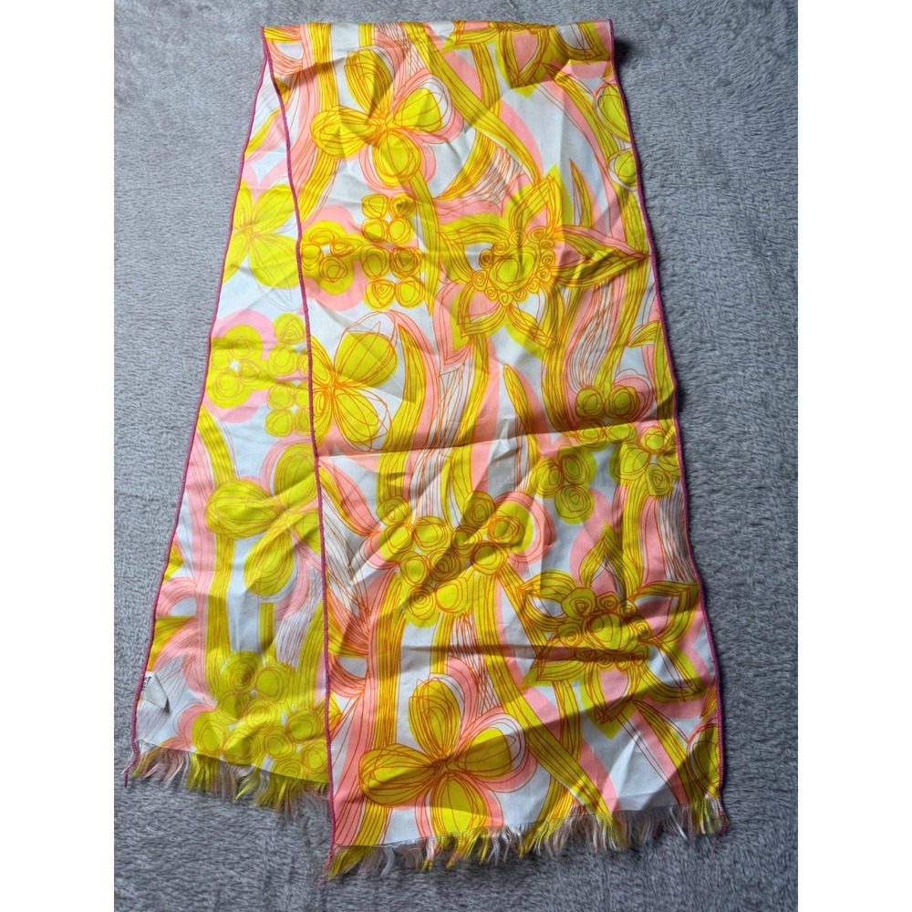 Vintage 60s 70s Psychedelic Floral Rayon Oblong Scarf Yellow Pink Mod USA‎ Made